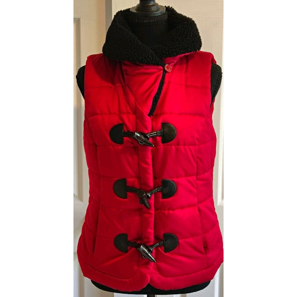 Lauren Ralph Lauren Womens XS Red Quilted Vest Black Collar Toggle Closures